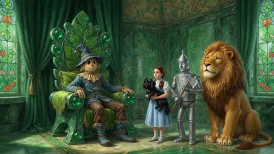 A straw scarecrow sits on a large green throne while a braided girl holding a small dog, a tin man with a towel, and a great lion stand before him in a green palace room.