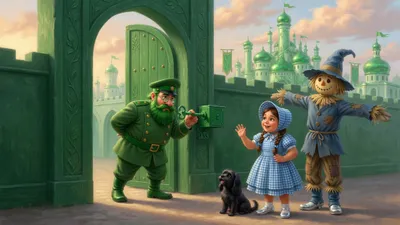 A short stout man in all-green uniform with a green beard and a large key unlocks green spectacles at a tall emerald gate while a braided girl and a straw scarecrow say farewell, a small black dog at their feet.