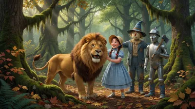 A great golden-maned lion stands happily among enormous moss-covered trees while a braided girl, a straw scarecrow, and a tin man follow on a leaf-strewn path.