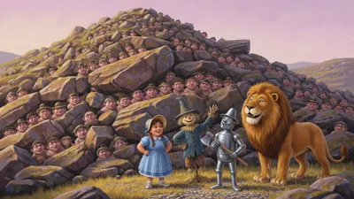 Short stout armless men with big flat heads peek from behind rocks on a steep hill while a braided girl, a scarecrow, a tin man, and a lion stand at the bottom.