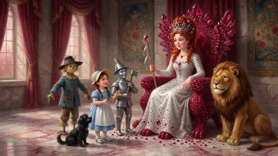 A tall red-haired young woman in a jeweled white gown sits on a ruby throne while a braided girl, a scarecrow, a tin man, a lion, and a small dog stand before her in a bright castle hall.