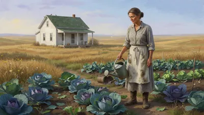 A thin farm woman in a faded grey dress and stained apron stands by a cabbage patch with a watering can near a small prairie farmhouse under a wide sky.