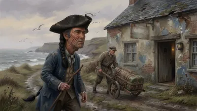 A large scarred sailor in a stained blue coat walks toward a coastal inn while a man wheels a sea-chest behind him.