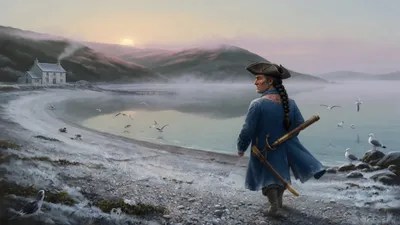 A large sailor in a blue coat walks away along a frosty beach at dawn carrying a telescope, his breath visible in the cold air.