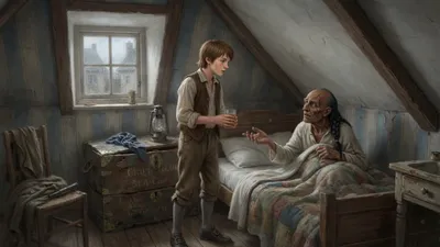 A grey-faced old sailor propped in a small attic bed reaches toward a boy who holds a single glass.