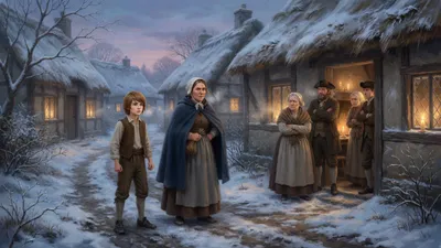 A woman and a boy stand in a frosty village street at dusk while villagers refuse to leave their lit doorways.