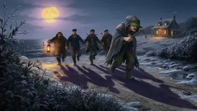 A group of sailors runs along a moonlit road toward an inn, one carrying a lantern and a hooded blind man among them.