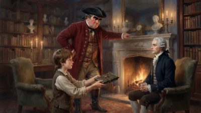 A boy holds out an oilskin packet to a seated doctor while a large gentleman stands before a library fire.