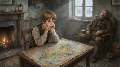 A boy leans over an old island chart at a table in a quiet room while an old gamekeeper dozes behind him.