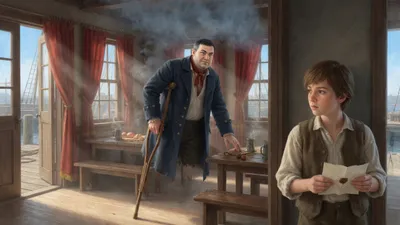 A tall one-legged man on a crutch moves among tables in a bright tavern while a boy hesitates in the doorway holding a letter.