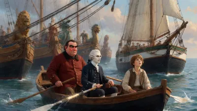 A rowing boat carrying two gentlemen and a boy passes between moored ships toward a two-masted schooner.