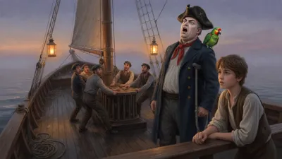Sailors push a capstan on a dim pre-dawn deck while a one-legged man leads them in song and a boy watches from the rail.