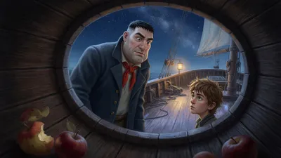 View from inside a dark barrel toward a deck where a large sailor leans against it talking to a younger man.