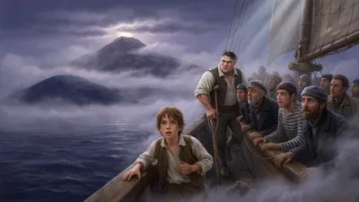 Sailors crowd a schooner's bow in moonlight looking toward three dark hills rising from the sea.