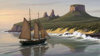 A becalmed schooner lies in a glassy swell off a grey-green island with rocky peaks and surf along its beach.