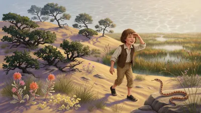 A boy walks happily through sunlit sandy scrubland dotted with pines while a snake raises its head unnoticed on a rock.