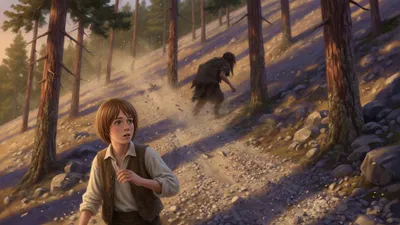 A boy stands frozen on a stony pine slope as a shaggy stooping figure darts between distant tree trunks.