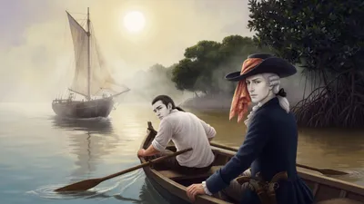 A doctor in a powdered wig steers a small boat rowed by a servant across a still anchorage toward a wooded shore.