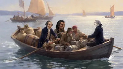 Five men in a dangerously low-loaded boat row across bright water, one steering at an angle to the shore.