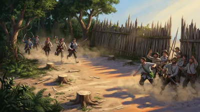 Armed men run from a wood toward a log stockade while another group appears at the far corner of the fence.