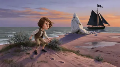 A boy crouches in scrub on a sandy spit at sunset watching a schooner with a black flag, a white rock nearby.