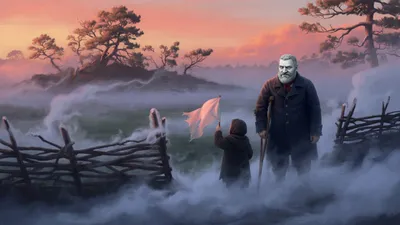Two men stand knee-deep in white mist outside a stake fence at dawn, one waving a white cloth and one leaning on a crutch.