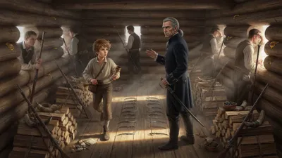 Men take position at loopholes in a log cabin where muskets and cutlasses are laid out on piles of firewood.