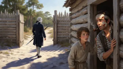 A doctor with a musket and cutlass strides away from a stockade into trees while a sailor and a boy watch from the doorway.