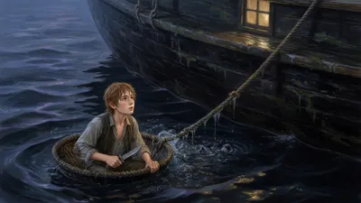 A boy in a tiny hide boat holds a knife beside the taut anchor cable of a large dark ship at night.