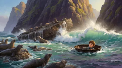 A tiny boat with a boy in it rides the swell beneath high cliffs where seals crowd rocky ledges above breaking surf.