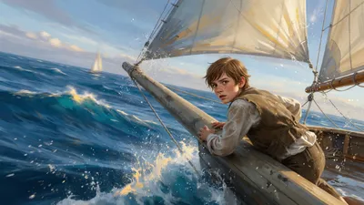 A boy crawls along a ship's bowsprit above racing blue water as a sail cracks above him.