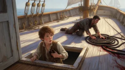A boy peers from a forward hatch as a wounded sailor crawls across the deck toward a coil of rope.