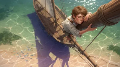 Looking down from a ship's mast into clear shallow water while a boy clings to the timbers with his shirt pinned by a knife.