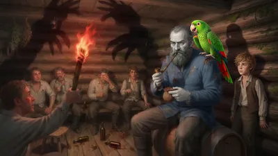 Torchlight fills a log cabin where rough sailors stand and a large man sits on a cask filling a pipe with a parrot on his shoulder, a boy against the wall.