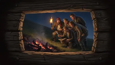 Seen through a narrow loophole, sailors crowd around a kneeling man with a knife and a book by torchlight on a dark slope.