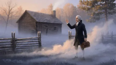 A doctor with a medical bag stands in low mist outside a stake fence at dawn calling toward a log-house.