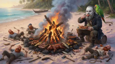 Sailors sprawl around an enormous camp-fire throwing food into the flames while a large man with a parrot eats apart on a keg.