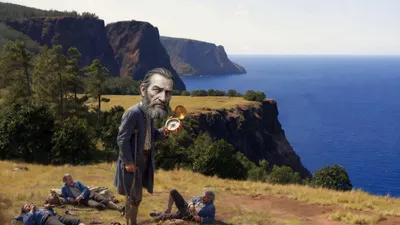 A small group of sailors rests on a high plateau with pines and precipices, a vast empty ocean beyond on both sides.
