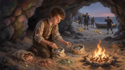 A boy kneels sorting mixed gold and silver coins into bags in a firelit cave while men carry bars down a slope outside.
