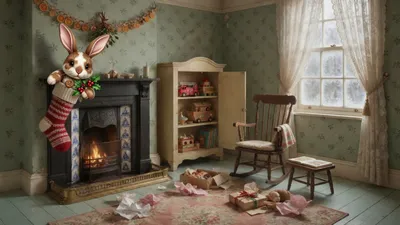 A plump brown-and-white spotted stuffed velveteen rabbit wedged in the top of a child's Christmas stocking by a 1920s fireplace, a sprig of holly between his paws, pink-lined ears,