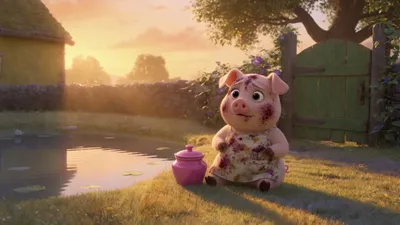 A pink pig in a jam-stained apron sits by an empty pink pot with the lid on.
