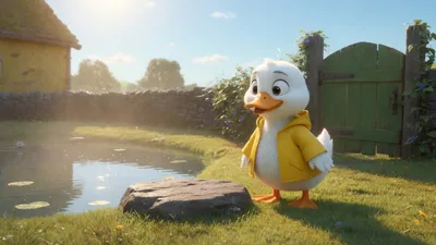 A white duck in a yellow coat stands by a pond. Her red hat is not on her head. A rock is empty.