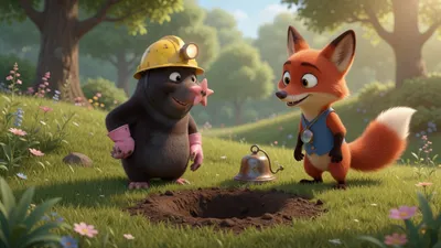 A mole in a lamp hat stands by a small hole. A bell lies in the grass. A fox looks on.