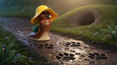 A slug in a big yellow hat leaves a wet line on a muddy path. Prints lead to a hole in a hill.