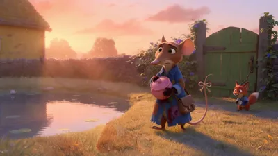 A thin tan mouse in a too-big blue coat holds a pink lid. A fox stands by the gate.