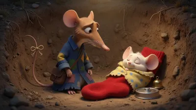 In a hill hole, a thin mouse in a blue coat sits by a red sock bed. A tiny cream mouse sleeps in the sock. A bell and a lid are nearby.