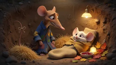 Pals make a dry bed in a hill room. A tiny cream mouse sits in the bed. A thin mouse in a blue coat looks glad.