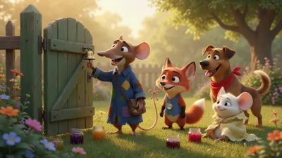 The thin mouse in a blue coat rings the gate bell. He has a grin. Pals play in the gold yard.
