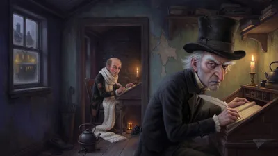 A gaunt elderly moneylender works at a high desk in a fog-darkened Victorian counting-house while, through an open door, a thin clerk in a long white scarf copies letters beside a grate holding a single coal.