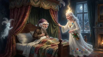 A small luminous figure in a white flower-trimmed tunic, a jet of light rising from its head, draws back the bed-curtains of an old man in a nightcap.